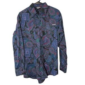 Vintage Roughrider Blue Black Purple Print Button Up Shirt Men’s Size Large